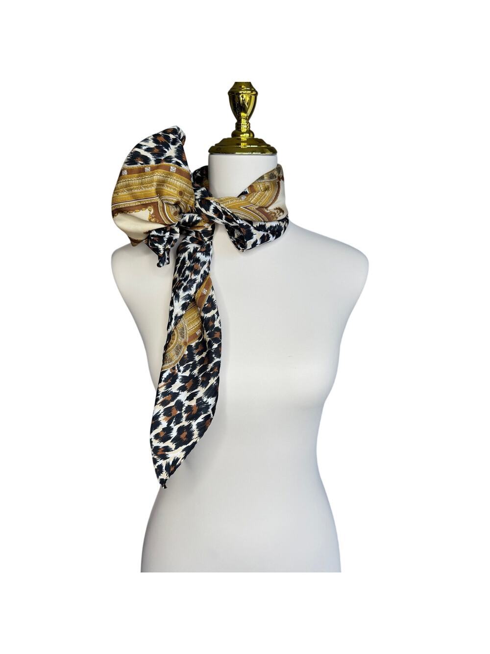 Leopard Print Chain Border Silk Feel Square Scarf Neutral Brown Black Wrap